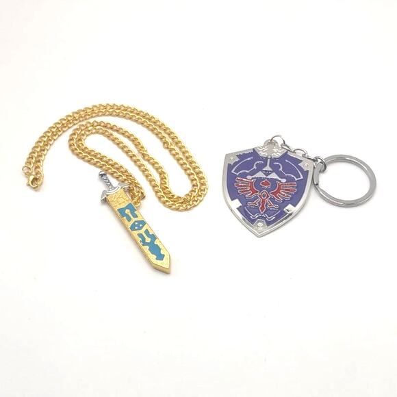 Stainless Legend of Zelda Master Sword & Shield Necklace Keychain Gift Set - NEW - Picture 1 of 8